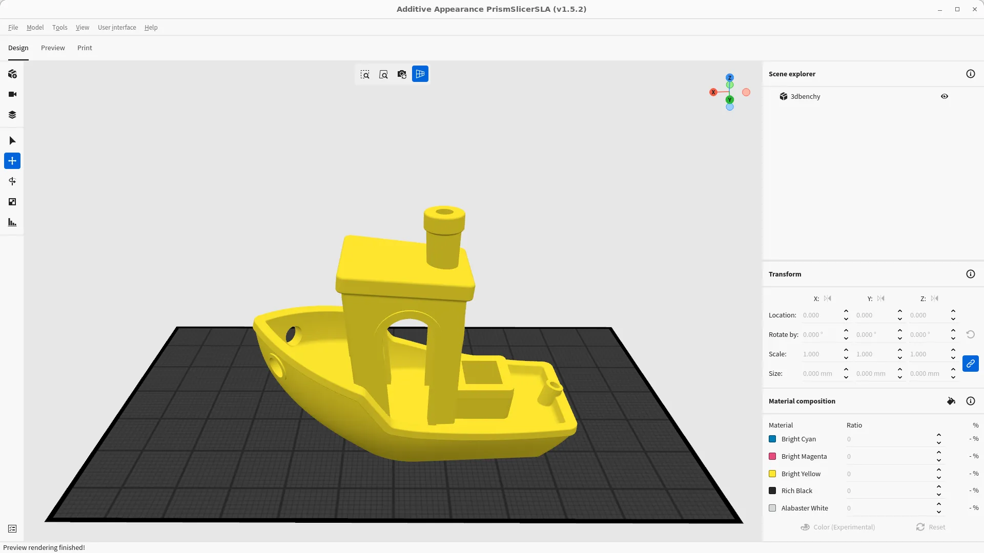 A PrismSlicer SLA screenshot with a yellow 3D Benchy loaded on the build plate ready for resin 3D printing.