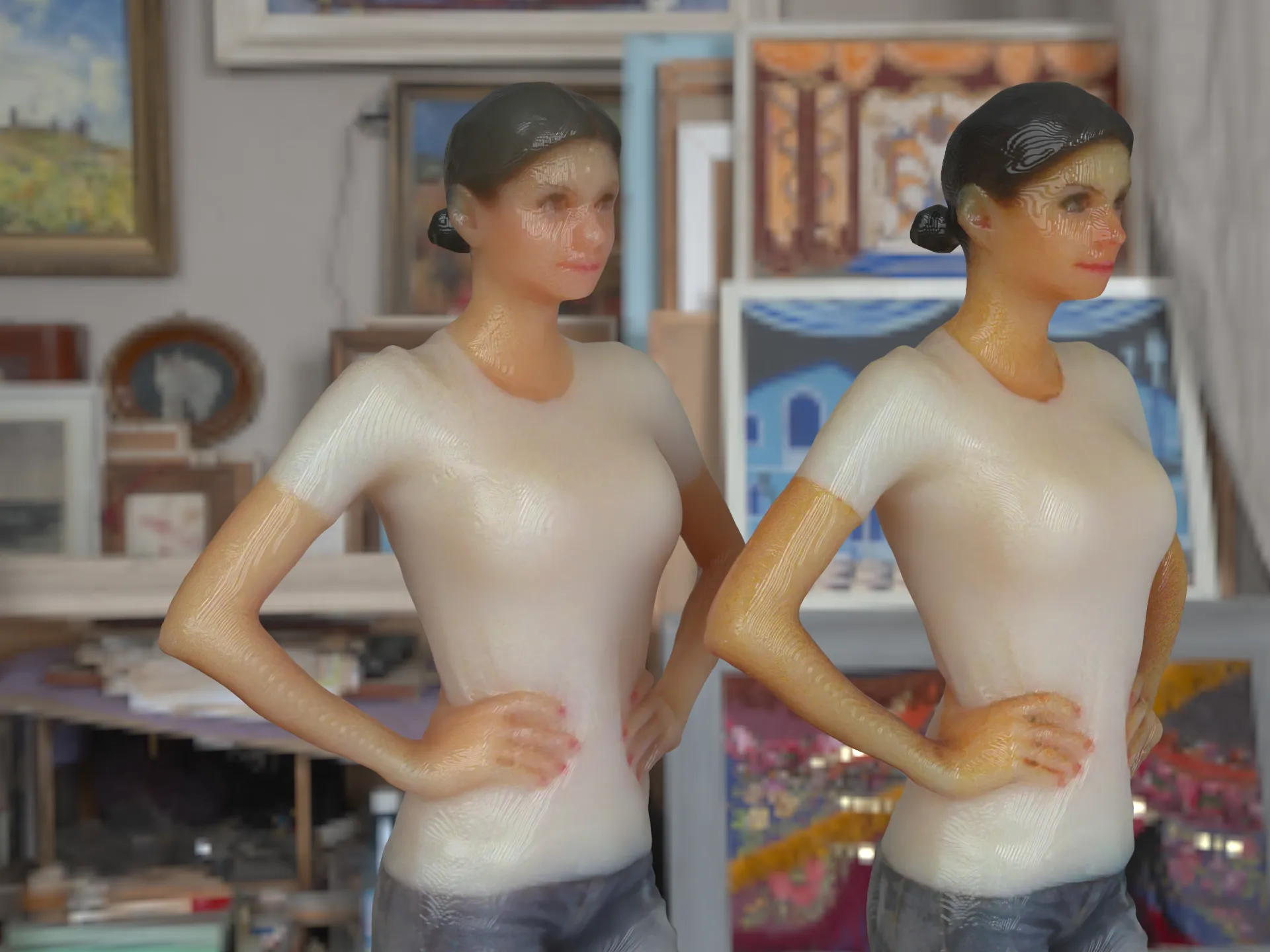 Two female figurines, that were full-color 3D printed, lit by an indoor environment and diffuse light from the front.