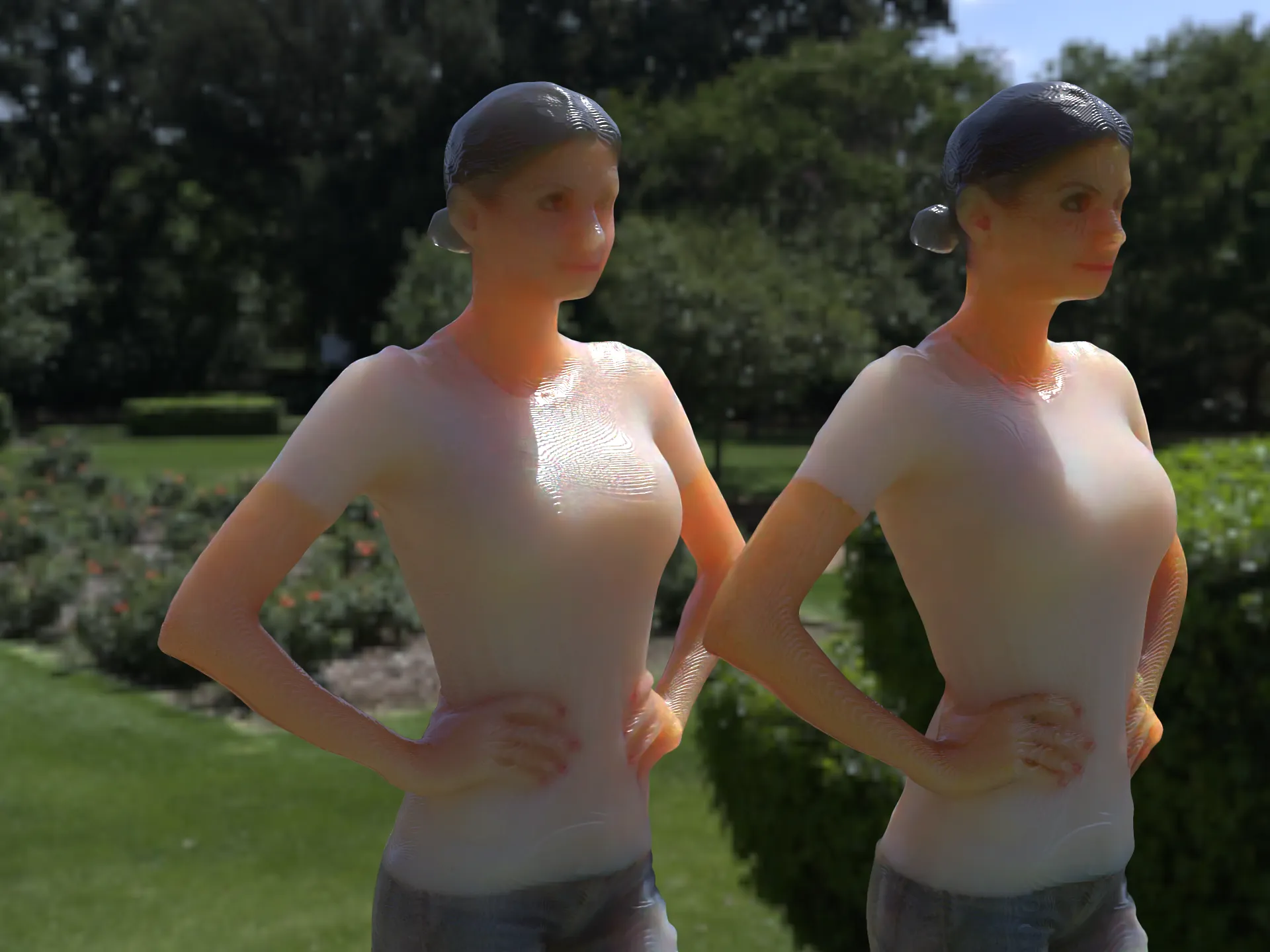 Two female figurines, that were full-color 3D printed, lit by an outdoor environment and strong sunlight from the back.